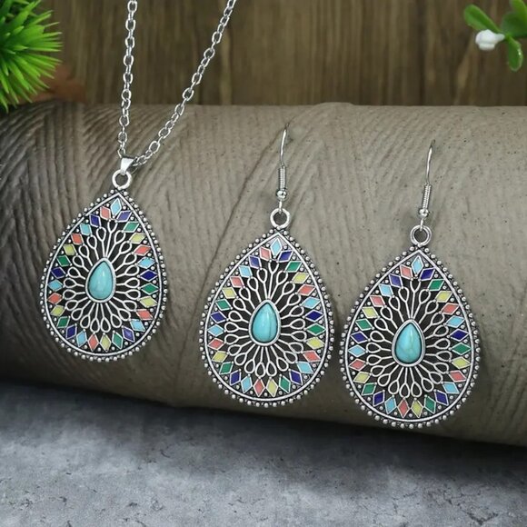 #47 Boho Style Jewelry Set Retro Waterdrop Design Necklace and Earrings - Picture 1 of 1